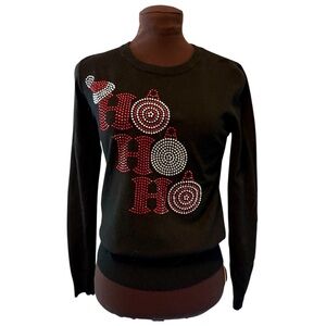 Vila Milano Black Rhinestone HO HO HO Lightweight Sweater, Womens size Medium